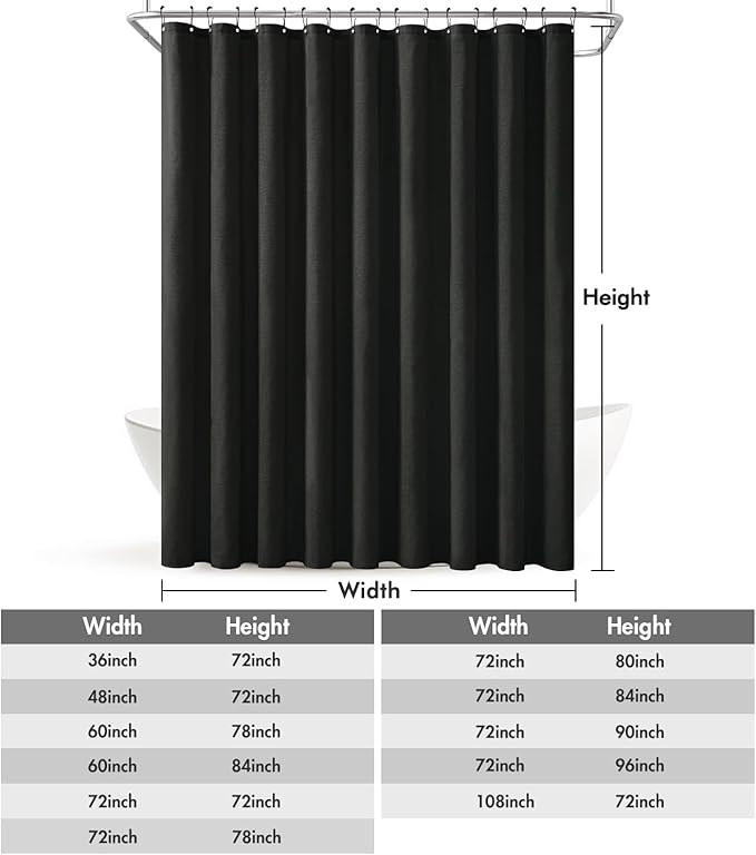MIULEE Extra Wide Linen Shower Curtain with 18 Metal Hooks Washable Large Fabric Curtain Set Waterproof Neutral Thick Cloth Shower Curtains for Bathroom Hotel Bathtub, W108*L72, Black