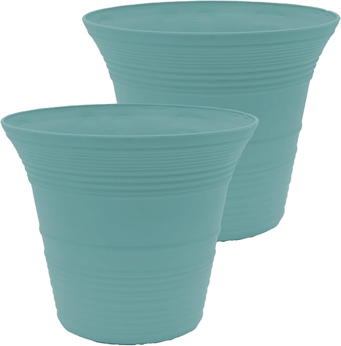 The HC Companies 16 Inch Sedona Round Self Watering Planter Pots, Lightweight UV-Resistant Plastic Outdoor Planters, 2-Pack Flower Pots for Garden & Home Decor, Dusty Teal