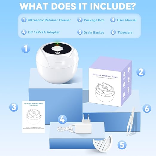 Ultrasonic Retainer Cleaner Machine 45khz Cleaning Pod for Denture Cleaner 200ml Mouth Guard, Aligner, Night Guard, Jewelry, 4 Cleaning Modes Digital Timer, Gifts for Women, Christmas Gifts