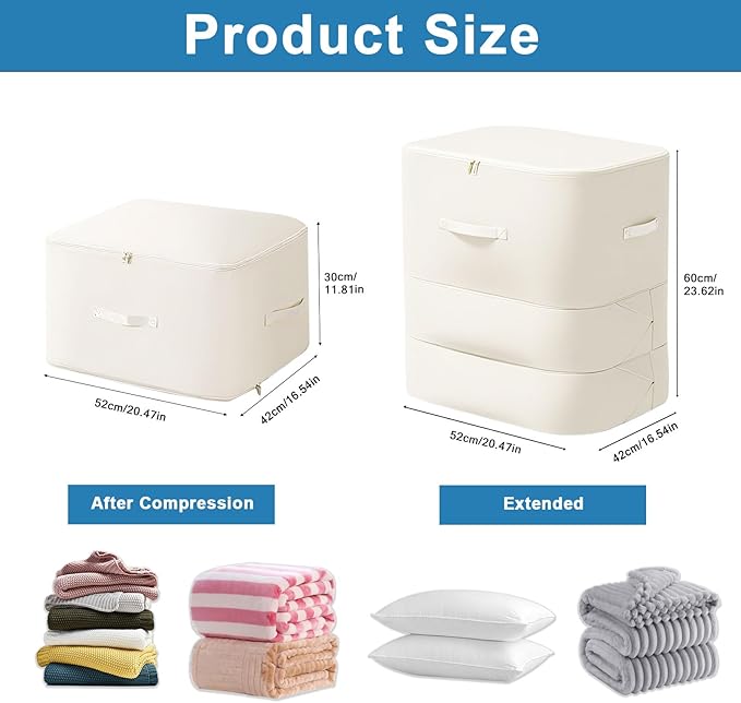 2PCS Comforter Storage Bag, 3-Layer Zipper Large Capacity Storage Bag, Ultra Space Saving Self Compression Storage Bags for Comforters, Clothes, Pillows and Bedding Sets (Beige, X-Large)