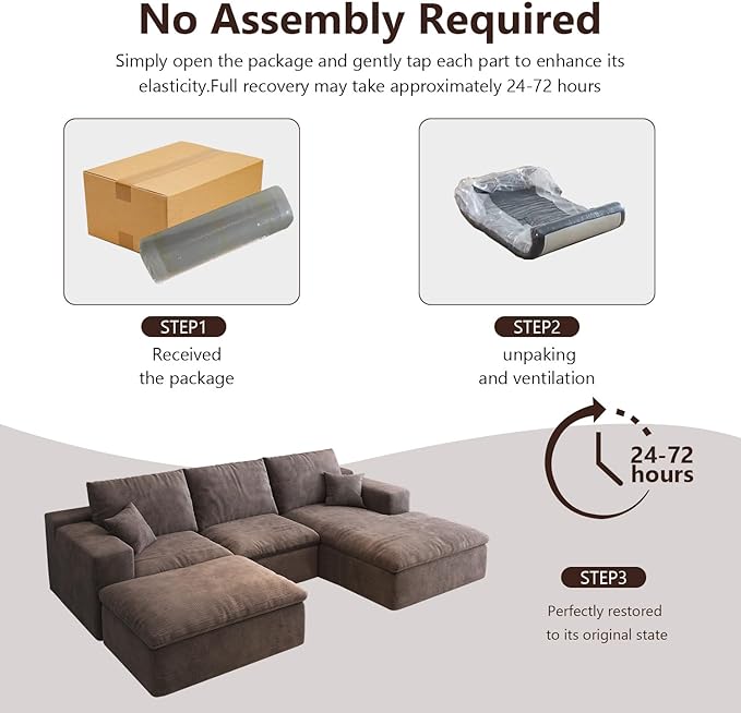 107'' U-Shaped Modern Modular Sectional Cloud Couch Whit Ottoman, 4-Seat Chenille Deep-Seat Sofa with Pillow for Living Room, Bedroom, Apartment, Camel
