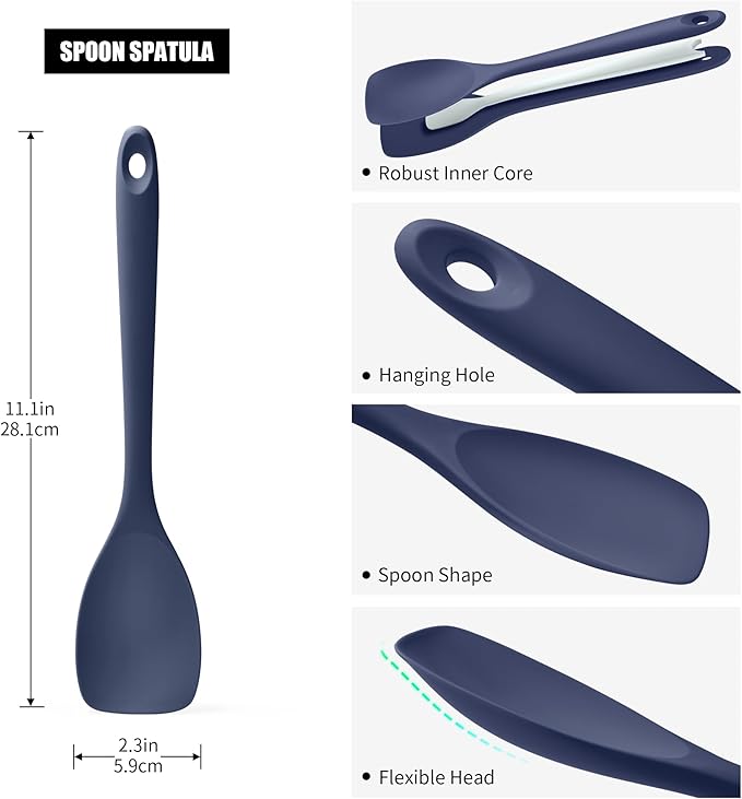 Doosu Silicone Spoon Spatula, 600ºF Heat-Resistant Food Grade Rubber Spoonula with Seamless Design, Non-Stick Flexible Scraper Kitchen Cooking Spoon Baking Tool for Mixing, Scraping (Navy Blue)