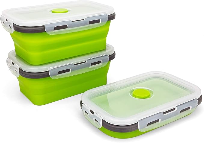 CARTINTS Set of 3 Collapsible Food Storage Containers with Lids, Collapsible Silicone Bowls, Silicone Lunch Containers, For Meal Prep, Camping, Travel, Microwave and Freezer Safe,500ml,Green
