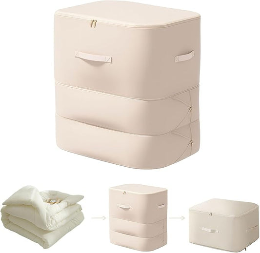 1PC Comforter Storage Bag, 3-Layer Zipper Blanket Storage Bag, Ultra Space Saving Self Compression Storage Bags for Comforters, Clothes, Pillows, Duvet and Bedding Sets (Beige, X-Large)