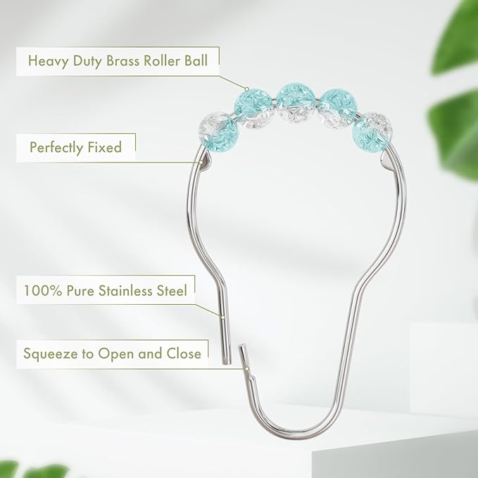 Amazer Shower Curtain Rings, Decorative Shower Curtain Hooks, Shower Curtain Hooks, Rustproof Stainless Steel Shower Hooks for Bathroom Shower Curtain-Set of 12, Ice Blue