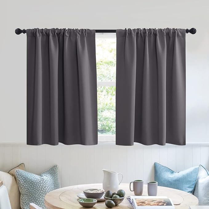 RYB HOME Short Blackout Curtains for Kitchen, Solid Half Window Treatment for Bedroom Energy Saving Privacy Shade for RV Camper Bathroom Basement, W42 x L30 inches, Grey, 2 Panel Set