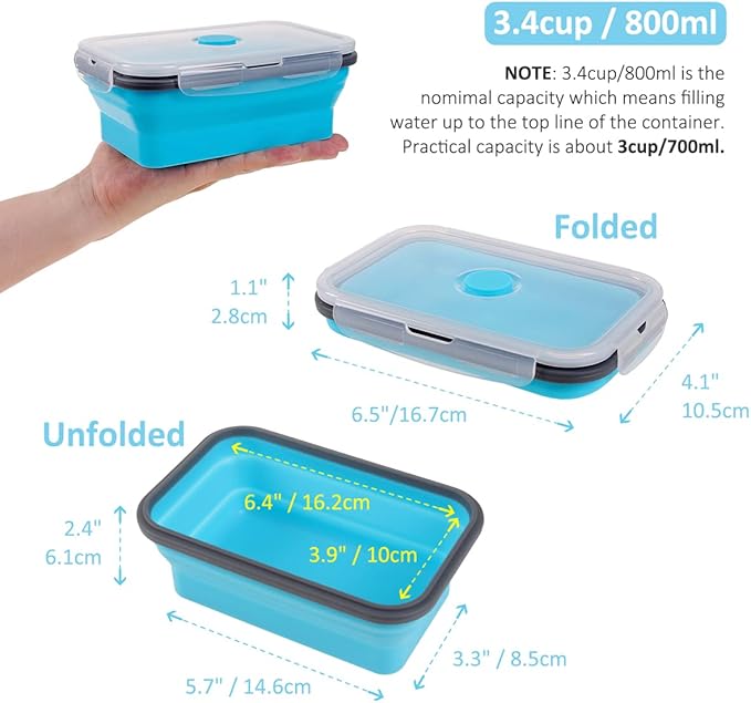 Collapsible Food Storage Containers with Airtight Lid & Vent Valve, 27 oz, Kitchen Stacking Silicone Collapsible Meal Prep Container Set for Leftover, Microwave Freezer Safe, Blue, Set of 4