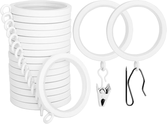 BlastHome® Luxury Curtain Rings - Premium Metal with Quiet, Smooth Nylon Inserts - Pinhooks and Clips Included - 1 1/2" Inside Diameter - 18 Rings for Two Standard Curtains - White