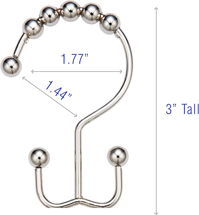 2LB Depot Double Shower Curtain Hooks Rings Polished Nickel Decor Finish Premium Rust-Resistant Stainless Steel Metal Hooks Roller Balls Glide on Shower Rods 12-Piece Set