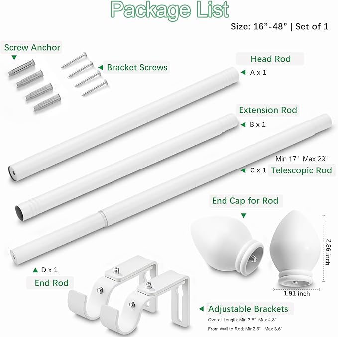 Curtain Rods for Windows 16 to 48 inches, Curtain Rod Max Adjustable Length to 60 in, Drapery Rod 1 inch Diameter with Modern Knobs Finials (White, 16" to 48" - Set of 1)