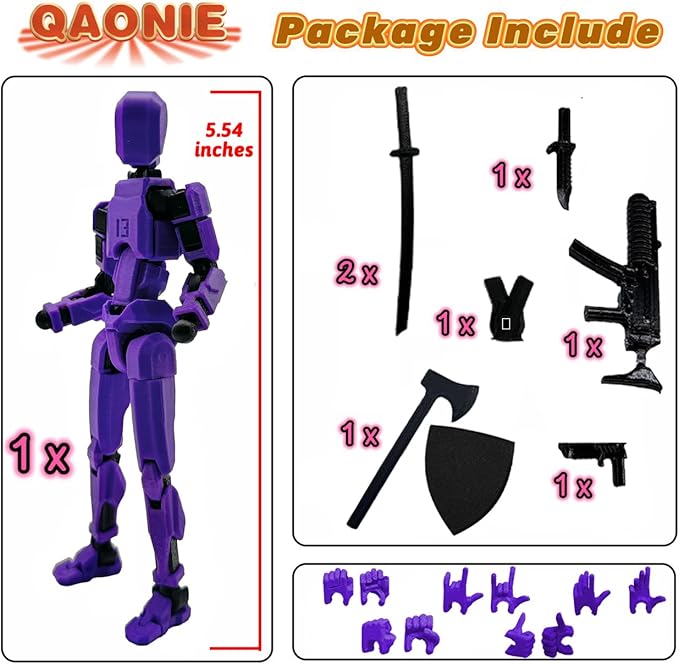(Assembly Completed) 3D Printed Figure 5.54-inch Dummy13 with Weapon Expansion Set and Bracket, Full Body Mechanical Movable Toy, Desk Decoration. (Purple)