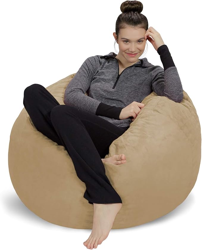 Sofa Sack Bean Bag Chair Cover Only, for Adults and Kids, Without Filling Comfy Fluffy Round or Oval Beanbag Chair Cover Replacement, Lazy Sofa Cover for Reading Chair or Floor Chair, 3 Foot, Camel