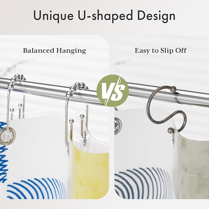 AmazerBath Shower Curtain Hooks Chrome Metal Shower Curtain Rings Rust Proof, Double Sided Shower Curtain Hooks for Shower Curtain Liner Smooth Shower Hooks Rings for Bathroom, Shower Rod Hook 12Pcs