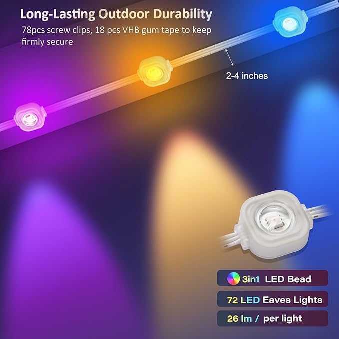 Permanent Outdoor Lights for House, 100ft Smart RGB+IC Color Outdoor Lighting with 63 Scene,IP67 72 LED Eaves Lights for Holiday, Christmas, Daily Lighting, Smart Life APP Control, C5103-A