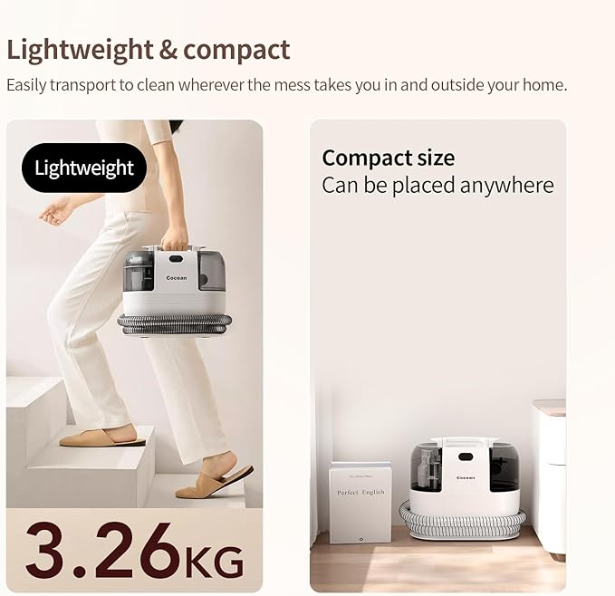 COCEAN Multi-Purpose Portable Carpet and Upholstery Cleaner, Carpet Cleaner Machine Powerful Suction Spot Cleaning, Deep Stain Cleaning for Carpet, Car Seats, Pets, Couches, with BrushHead (White)