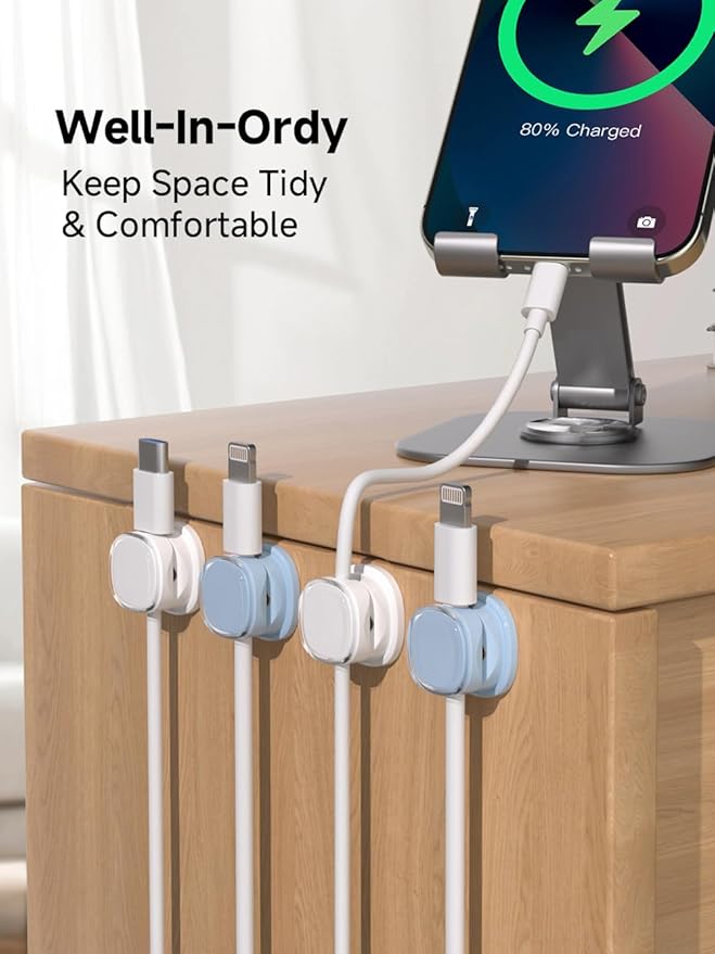 Magnetic Cable Clips, Adjustable Cord Holder Management, Adhesive Wire Keeper Organizer for Home Office Desk Phone PC Car Wall Desktop Nightstand Appliance (9-PCS White & Blue)