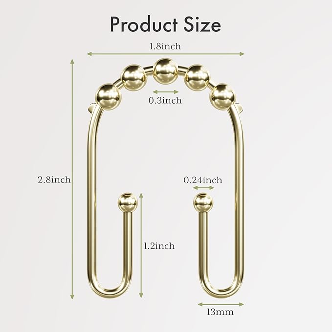 AmazerBath Shower Curtain Hooks Gold Shower Curtain Rings Rust Proof, Double Sided Shower Curtain Hooks for Shower Curtain Liner Smooth Metal Shower Hook Rings for Bathroom,Shower Rod Hooks 12Pcs