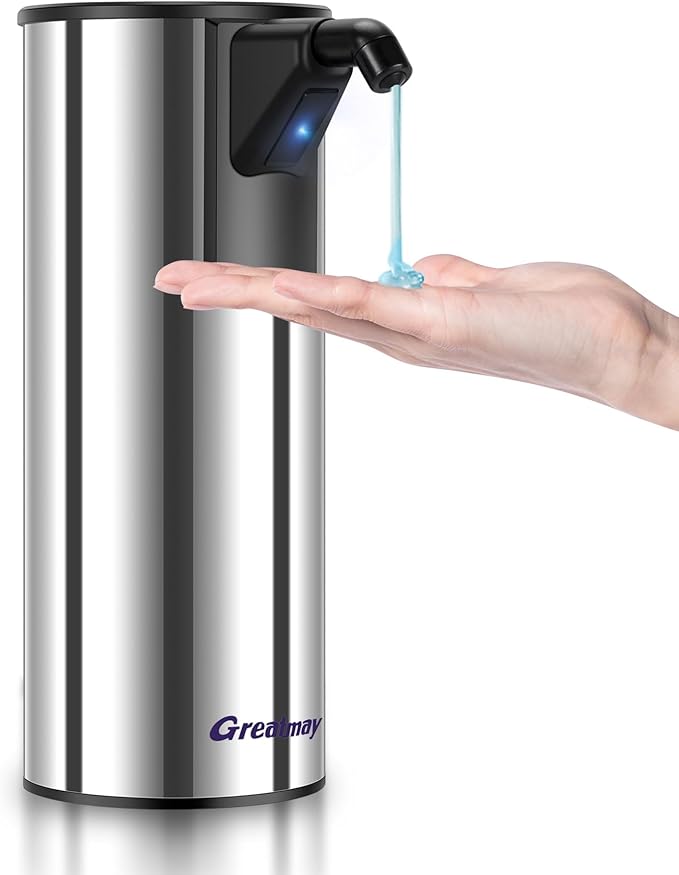 Automatic Soap Dispenser,Stainless Steel Material, Rechargeable Touchless Hand Sanitizer Pump,4 Adjustable Levels Smart Electric Dispenser,Suitable for Bathroom,Kitchen (Battery Silver)