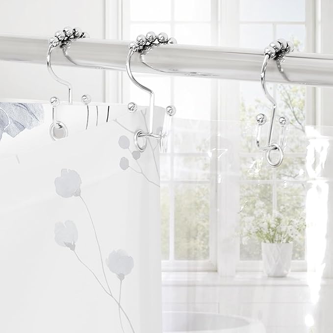 Gibelle 3 in 1 Shower Curtain Set, Grey Watercolor Floral Bath Curtain and PEVA Liner Set with 12 Double Sided Steel Hooks, Waterproof Fabric Bathroom Curtain 72x72