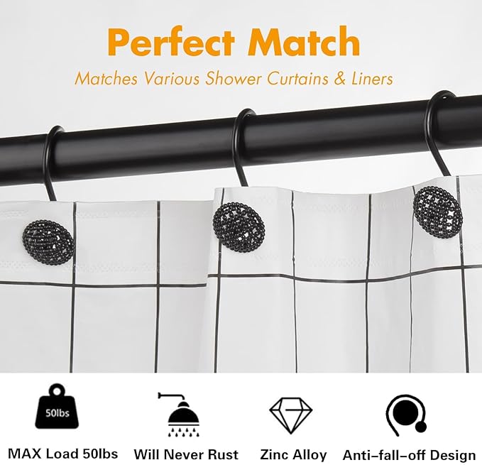 Pearlbee Black Shower Curtain Hooks Rings, Rust-Resistant Metal Glide Shower Hooks for Bathroom Shower Rods, Bathroom Accessories Set of 12 Hooks - Matte Black