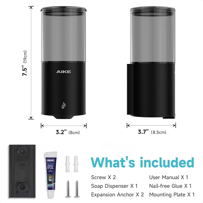 AIKE Automatic Soap Dispenser Wall Mounted for Kitchen and Bathroom, IPX7 Waterproof with Matte Black Stainless Steel Finish 13.5fl.oz.for Liquid Soap
