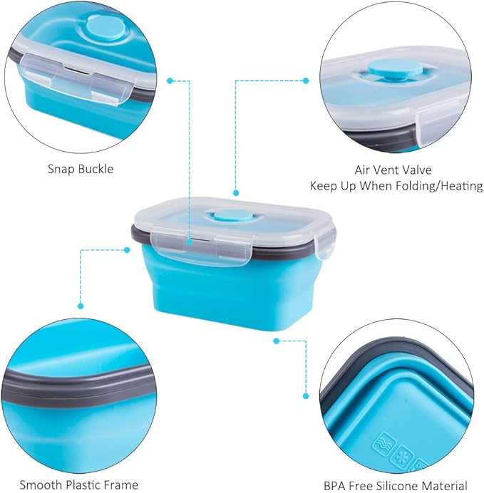 Collapsible Food Storage Containers with Lids & Vent, 11.8 oz, Kitchen Stacking Silicone Collapsible Meal Prep Container Set for Leftover, Microwave Freezer Dishwasher Safe, Blue Small 4 Pack