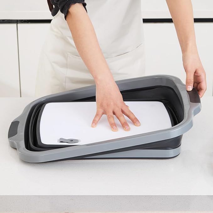 TANOSHII 3-Piece Collapsible BBQ Prep Tubs with Lids and Built-in Cutting Board – For Meal Prep Marinating Food Storage&Washing – Picnic Camping – Set of 3 – (1) Medium + (1) L + (1) XL – Black