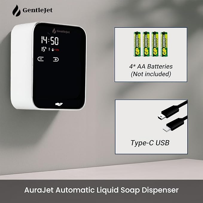 AuraJet Automatic Liquid Soap Dispenser Touchless - Adjustable Levels, Digital Display, Aluminum Alloy Body, Battery Operated or USB-Powered Automatic Hand Soap Dispenser Wall Mount