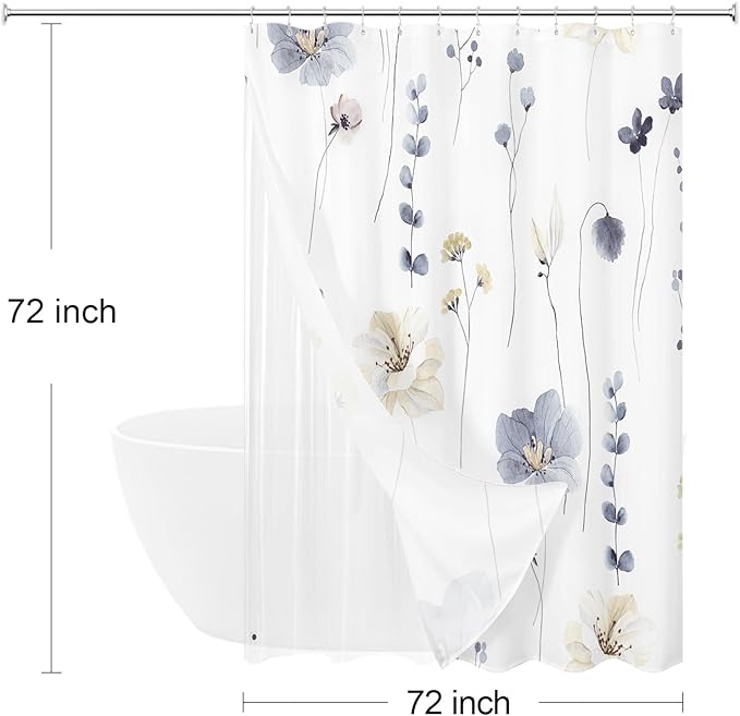 Gibelle 3 in 1 Shower Curtain Set, Grey Watercolor Floral Bath Curtain and PEVA Liner Set with 12 Double Sided Steel Hooks, Waterproof Fabric Bathroom Curtain 72x72