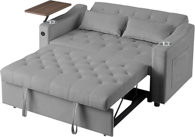 53'' Convertible Sleeper Sofa Bed with Adjustable Backrest, Chaise Lounge, Side Table & Two Pillows – Stylish & Functional Addition to Any Living Room (Modern Grey)
