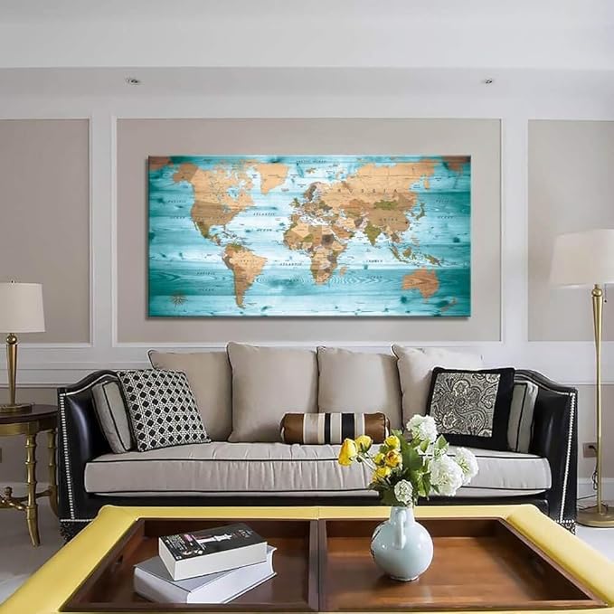 Large Wall Art Blue map of The World Painting Ready to Hang 29"x58"Large Framed Wall Art World Map Canvas Map Decorations Artwork Prints