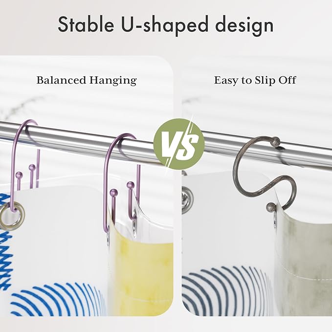 AmazerBath Shower Curtain Hooks, Purple Double Shower Curtain Hooks Rust Proof Non-Slip Shower Hooks for Shower Curtain, Sturdy Shower Curtain Rings Metal Shower Hooks Ring Bathroom 12Pcs