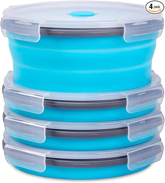 Collapsible Food Storage Containers with Airtight Lid & Vent, 40.5 oz, Kitchen Stacking Silicone Collapsible Meal Container Set for Leftover, Microwave Freezer Dishwasher Safe, Blue Round, Set of 4