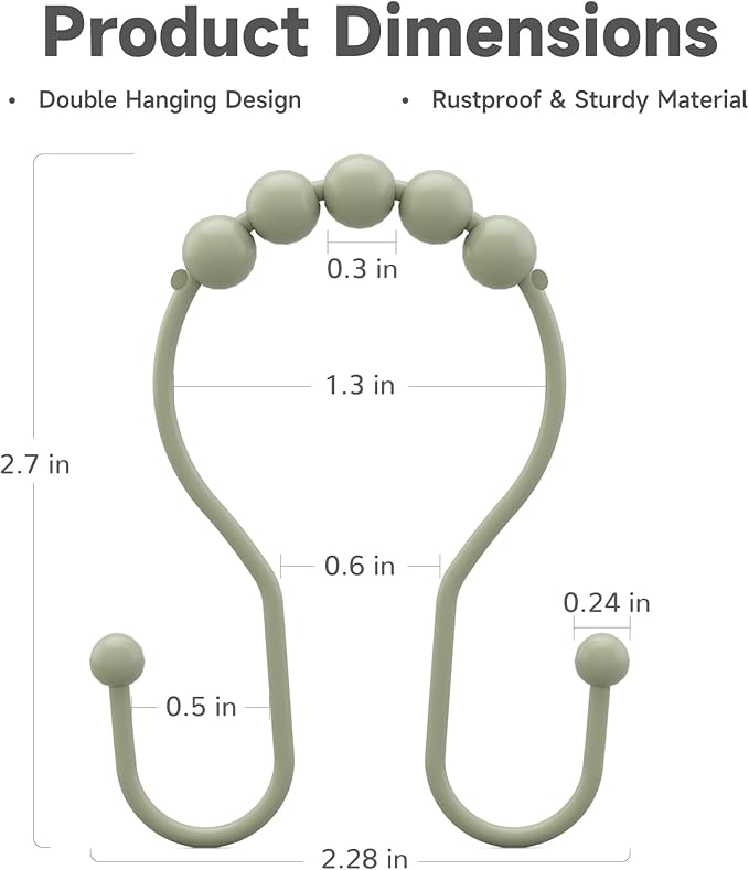 Sage Green Shower Curtain Hooks Shower Curtain Rings Rust Proof Sturdy Metal Double Shower Curtain Hooks, Shower Hooks for Shower Curtain Bathroom Shower Rod Hooks Hangers