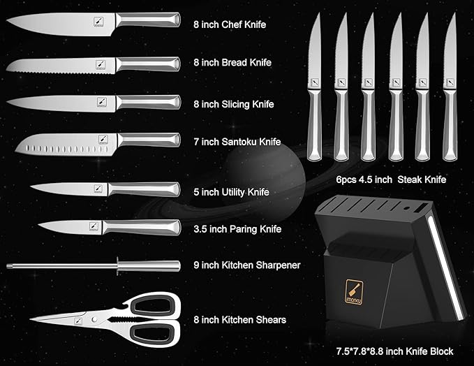 imarku® 15 PCS Kitchen Knife Set with Diamond Shaped Handle Dishwasher Safe Kitchen Knives Premium German High Carbon Stainless Steel Chef Knife Set, Father's Day Gifts