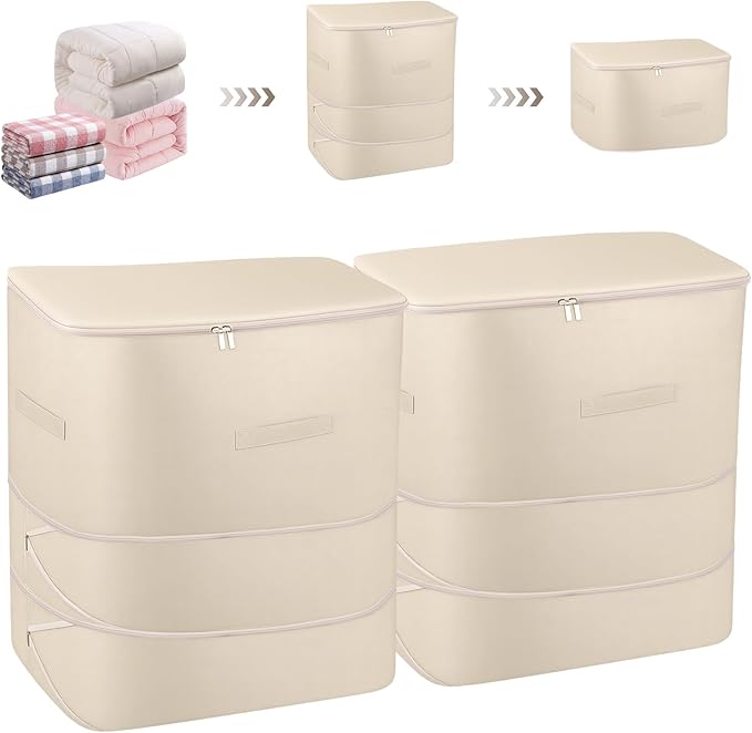 3 Pack 3-Layer Blanket Storage Organizer Comforter Storage Bag Large Capacity Compression Bags Washable Ultra Space Saving Self Organizer for Sweaters Sheets Clothes Pillow Beige