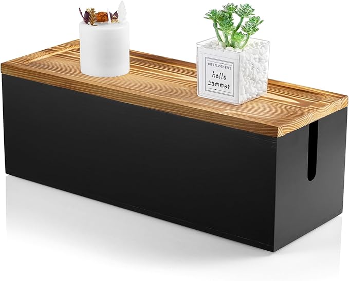 Bivvclaz Large Cable Management Box, Wooden Cord Organizer Box for Desk, Floor, Office to Hide Extension Cords Power Stripes Surge Protectors Chargers Wires, Black