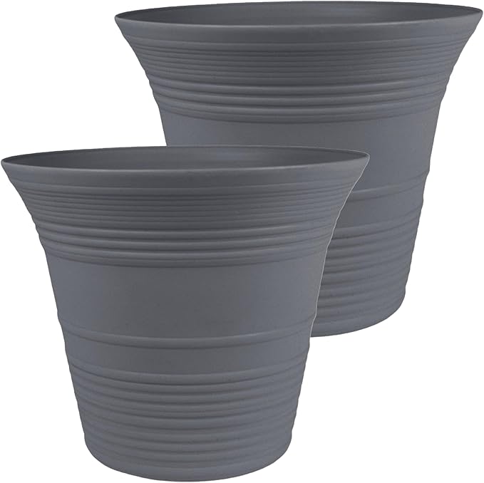 The HC Companies 12 Inch Sedona Round Self Watering Planter Pots, Lightweight UV-Resistant Plastic Outdoor Planters, 2-Pack Flower Pots for Garden & Home Decor, Warm Gray