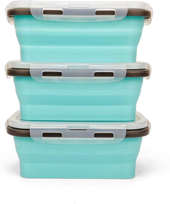 CARTINTS Set of 3 Collapsible Food Storage Containers with Lids, Collapsible Silicone Bowls, Silicone Lunch Containers, For Meal Prep, Camping, Travel, Microwave and Freezer Safe,500ml,Blue