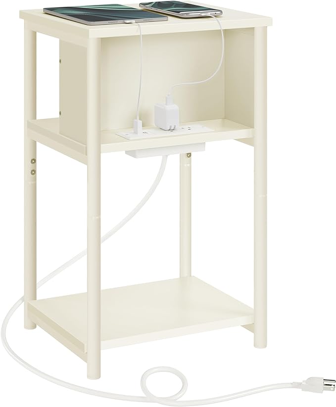 VASAGLE Side Table with Charging Station, 3-Tier End Table with USB Ports and Outlets, Nightstand for Living Room, Bedroom, 11.8 x 13.4 x 22.8 Inches, Plug-in Series, Cream White