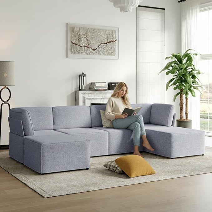 Mjkone 116'' Modular Sectional Sofa, 6-Seat Convertible U-Shaped/L-Shaped Deep Seat Couch with High Density Memory Foam Cushions, Ergonomic Backrests and 2 Movable Ottomans for Living Room, Light Gray