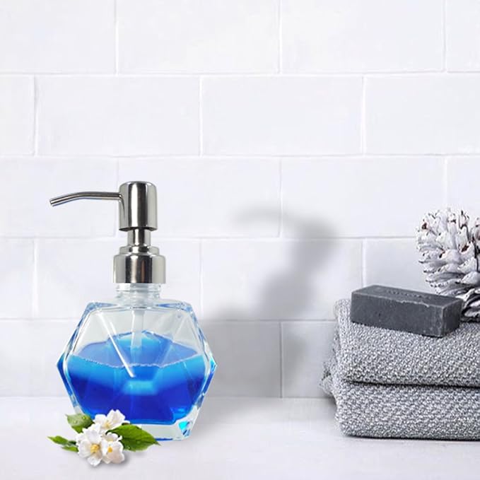 Modern Geometric Shape Clear Glass Soap Dispenser, Lotion Dispenser Bottle with Rust Proof Stainless Steel Pump for Kitchen, Bathroom Accessory, Countertop, Great for Soap, Lotions and Body Oil.