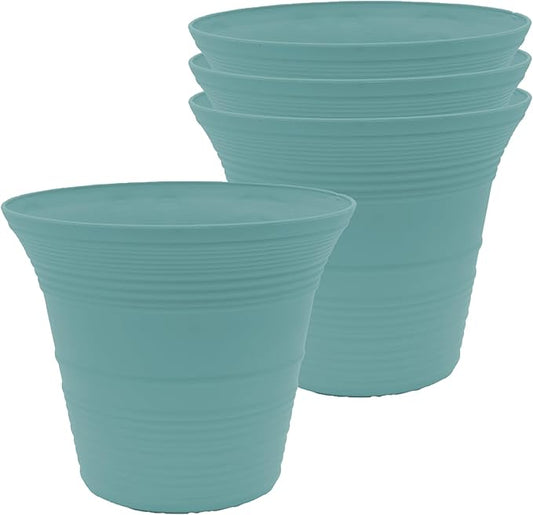 The HC Companies 7 Inch Sedona Round Self Watering Planter Pots, Lightweight UV-Resistant Plastic Outdoor Planters, 4-Pack Flower Pots for Garden & Home Decor, Dusty Teal