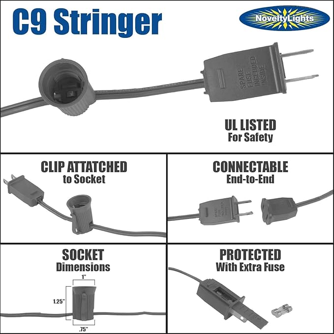 25 Foot C9 Yellow Ceramic Christmas String Light Set - Outdoor Christmas Light String - – Opaque Christmas Bulbs - Roofline Light String – Outdoor String Lights - Black Wire