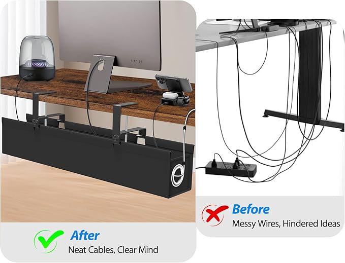 Under Desk Cable Management Tray No Drill, 30 Inch Cord Organizer with Oxford Fabric, Clamp Mount, Holds 30 lbs, Large Cable Rack for Gaming & Home Office Standing Desk