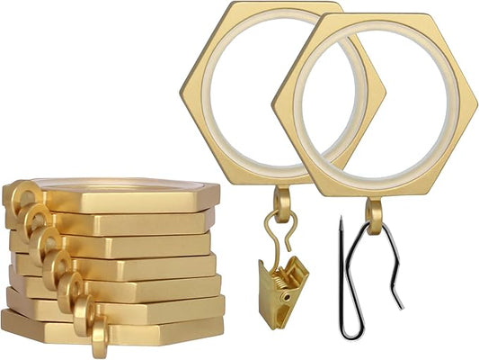 BlastHome® Luxury Curtain Rings - Premium Metal with Quiet, Smooth Nylon Inserts - Pinhooks and Clips Included - 1 1/2" Inside Diameter - 9 Rings for One Standard Curtain - Brushed Gold