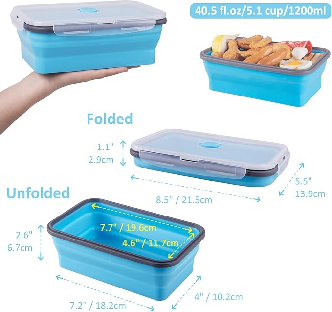 Collapsible Food Storage Containers with Airtight Lid, 40.5 oz, Large Kitchen Stacking Silicone Collapsible Meal Prep Container Set for Leftover, Microwave Freezer Dishwasher Safe, 4 Colors, Set of 4