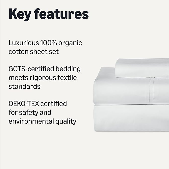 Amazon Basics Soft Organic Cotton Sheet Set with 1-Piece Pillowcase, White, Twin XL
