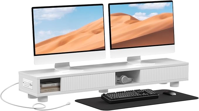 Artswish Dual Monitor Riser White for 2 Monitors, 2-tier Monitor Stand with Drawer,Computer Monitor Stand Riser with 2 Adjustable Feet,42.4 Inch Long Desk Shelf for Monitor, Printer, TV, White with Grey Texture