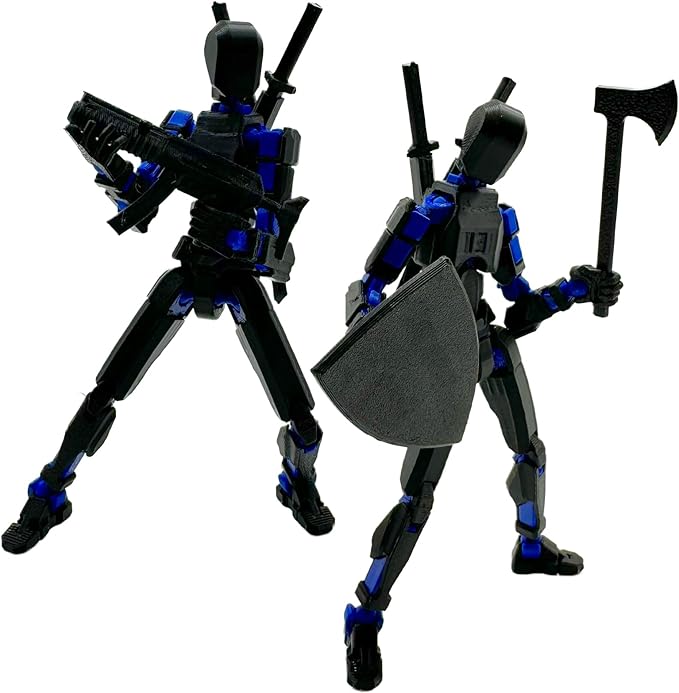 (Assembly Completed) 3D Printed Figure 5.54-inch Dummy13 with Weapon Expansion Set and Bracket, Full Body Mechanical Movable Toy, Desk Decoration. (Black+Blue)